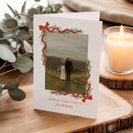 Elegante rode strik met groen kerstfoto feestdagen kaart