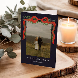 Elegante rode strik met groen kerstfoto feestdagen kaart