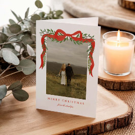 Elegante rode strik met groen kerstfoto feestdagen kaart