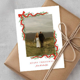 Elegante rode strik met groen kerstfoto feestdagenkaart