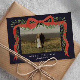 Elegante rode strik met groen kerstfoto feestdagenkaart