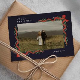 Elegante rode strik met groen kerstfoto feestdagenkaart