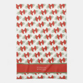 Elegante rode strik met groen Monogram naam Theedoek (Verticaal)
