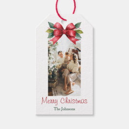 Elegante rode strik persoonlijke kerstcadeautag cadeaulabel
