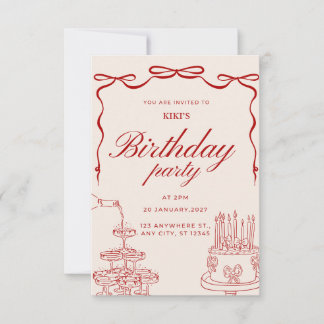 Elegante Rode Strik Verjaardagsfeest Uitnodiging