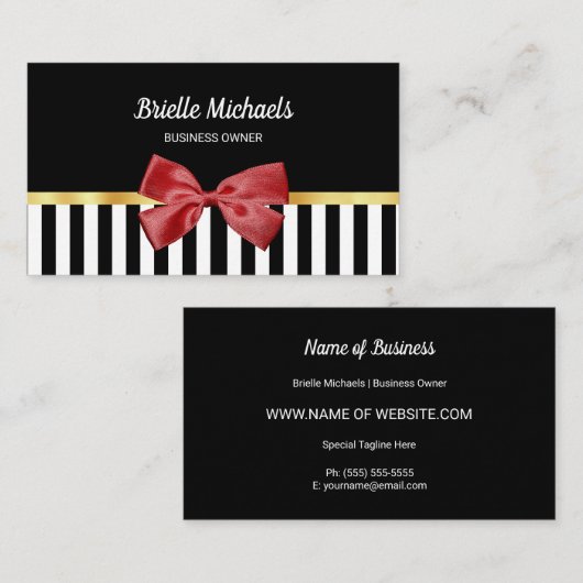 Elegante rode strik zwart en witte strepen met gou visitekaartje (Voorkant / Achterkant)