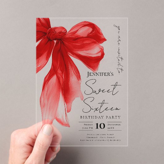 Elegante Rode Strikte Script Sweet 16 Feest Acryl Uitnodigingen (Insitu (Draagbaar))