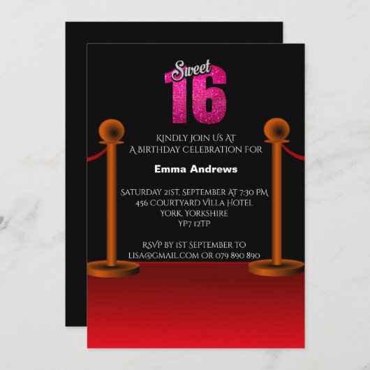 Elegante rode tapijt zoet 16 Party uitnodiging (Voorkant / Achterkant)