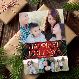 Elegante Rode Tartan Christmas Multi-Photo Gold Folie Feestdagenkaart