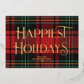 Elegante rode tartan kerst niet-foto goud folie feestdagenkaart (Voorkant)