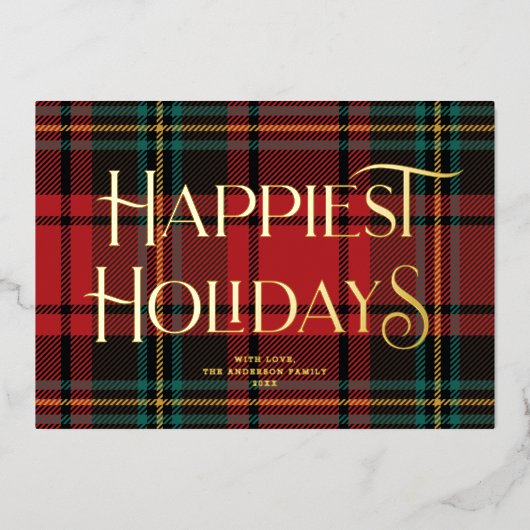 Elegante rode tartan kerst niet-foto goud folie feestdagenkaart (Voorkant)