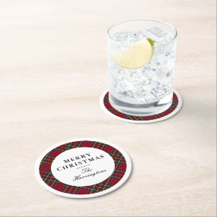 Elegante Rode Tartan Kerst  Ronde Kartonnen Onderzetter