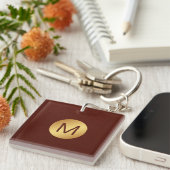 Elegante rode textuur & gouden monogram Initiaal Sleutelhanger (Voorkant Rechts)