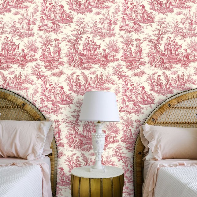 Elegante  rode toile de jouy behang (Creator heeft geüpload)