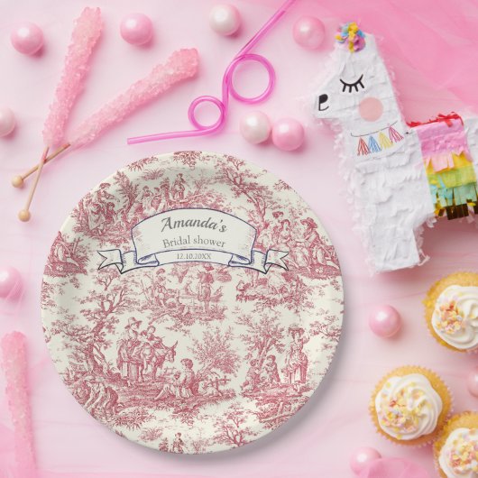 Elegante  rode toile de jouy monogram papieren bordje (Feest)