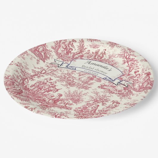 Elegante  rode toile de jouy monogram papieren bordje (Gekanteld)