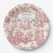 Elegante  rode toile de jouy monogram papieren bordje (Voorkant)