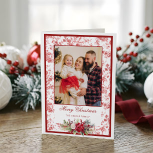 Elegante rode toile met winterbloemenfoto feestdagen kaart