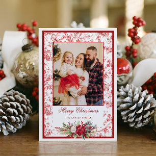 Elegante rode toile met winterbloemenfoto feestdagenkaart