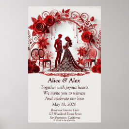 Elegante rode trouwillustratie met bloemendesign poster