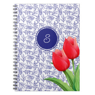 Elegante rode tulpen lente bloemmotief in Delfts b Notitieboek