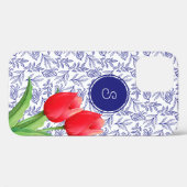 Elegante rode tulpen lente bloemmotief met blauwe Case-Mate iPhone case (Achterkant (horizontaal))