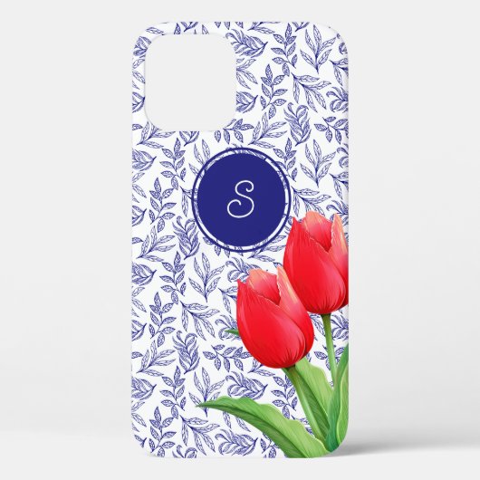 Elegante rode tulpen lente bloemmotief met blauwe Case-Mate iPhone case (Achterkant)