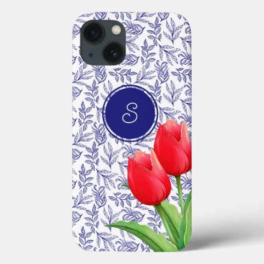 Elegante rode tulpen lente bloemstuk blauwe monogr Case-Mate iPhone case (Achterkant)