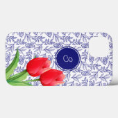 Elegante rode tulpen lente bloemstuk blauwe monogr Case-Mate iPhone case (Achterkant (horizontaal))