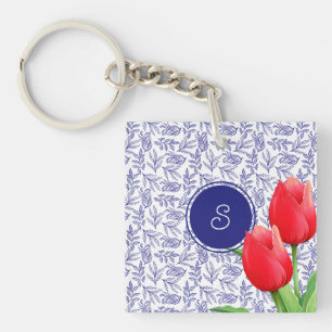 Elegante rode tulpen lente bloemstuk blauwe monogr sleutelhanger