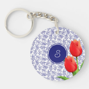 Elegante rode tulpen lente bloemstuk blauwe monogr sleutelhanger