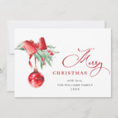 Elegante Rode Versiering Kerst Groet 3 FOTO Feestdagenkaart (Voorkant)