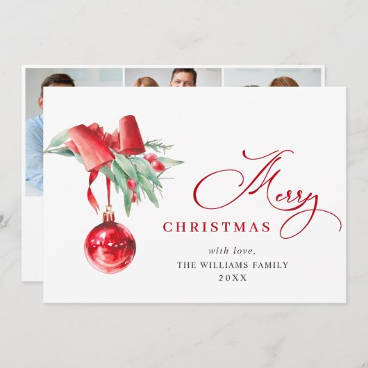 Elegante Rode Versiering Kerst Groet 3 FOTO Feestdagenkaart (Voorkant / Achterkant)