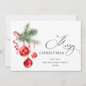 Elegante Rode Versiering Kerst Groet 3 FOTO Feestdagenkaart (Voorkant)