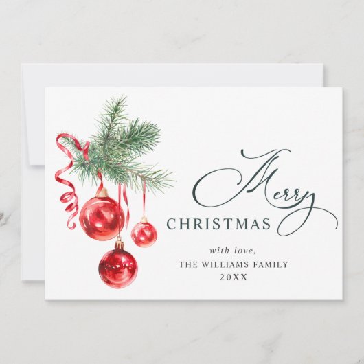 Elegante Rode Versiering Kerst Groet 3 FOTO Feestdagenkaart (Voorkant)