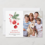 Elegante Rode Versiering Kerst Groet 3 FOTO Feestdagenkaart (Voorkant)