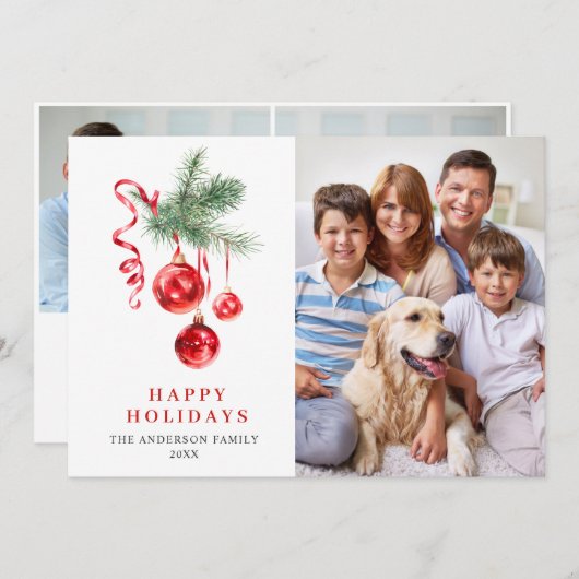 Elegante Rode Versiering Kerst Groet 3 FOTO Feestdagenkaart (Voorkant / Achterkant)