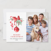 Elegante Rode Versiering Kerst Groet 3 FOTO Feestdagenkaart (Voorkant)