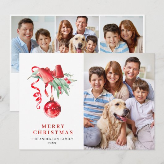 Elegante Rode Versiering Kerst Groet 4 FOTO Feestdagenkaart (Voorkant / Achterkant)