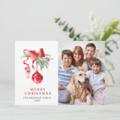 Elegante Rode Versiering Kerst Groet 4 FOTO Feestdagenkaart (Staand voorkant)