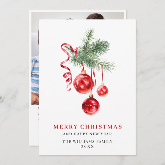 Elegante Rode Versiering Kerst Groet FOTO Feestdagenkaart (Voorkant / Achterkant)