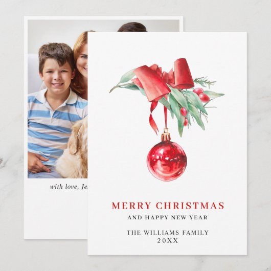 Elegante Rode Versiering Kerst Groet FOTO Feestdagenkaart (Voorkant / Achterkant)