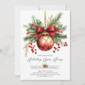 Elegante Rode Versiering Kerst Open Huis Uitnodigi Kaart (Voorkant)