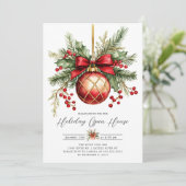 Elegante Rode Versiering Kerst Open Huis Uitnodigi Kaart (Staand voorkant)