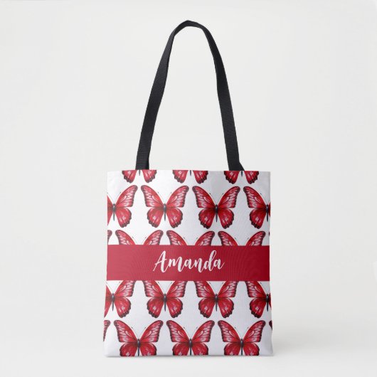 Elegante rode vlinder patroonnaam tote bag (Voorkant)