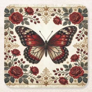 Elegante Rode Vlinder Roos Vintage Patroon Ontwerp Kartonnen Onderzetters