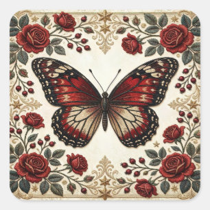 Elegante Rode Vlinder Roos Vintage Patroon Ontwerp Vierkante Sticker