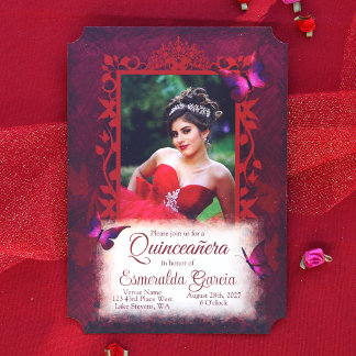 Elegante rode vlinderrand Quinceanera Kaart