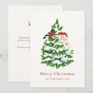 Elegante Rode Vogel Schrift Watercolor Kerstboom Feestdagenkaart
