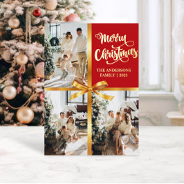Elegante Rode Vrolijk Kerstmis Gouden Strikers Fot Folie Feestdagenkaart